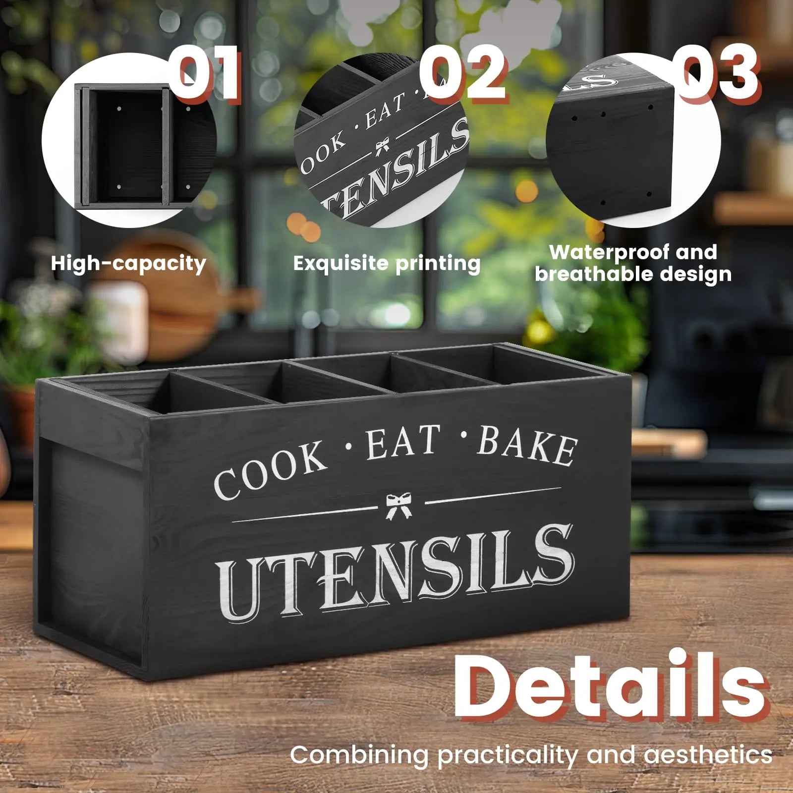 Wooden Kitchen Utensil Storage Box - 1 Count Organizer for Cooking Tools and Accessories