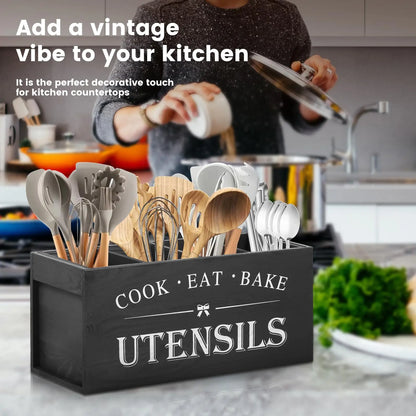 Wooden Kitchen Utensil Storage Box - 1 Count Organizer for Cooking Tools and Accessories