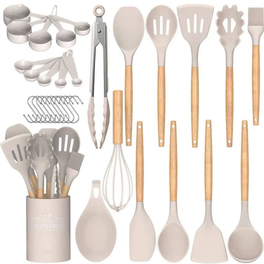 33-Piece Non-Stick Silicone Cooking Utensils Set with Holder and Wooden Handles (Khaki)