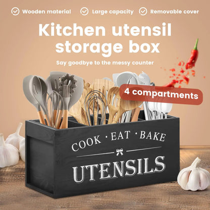 Wooden Kitchen Utensil Storage Box - 1 Count Organizer for Cooking Tools and Accessories