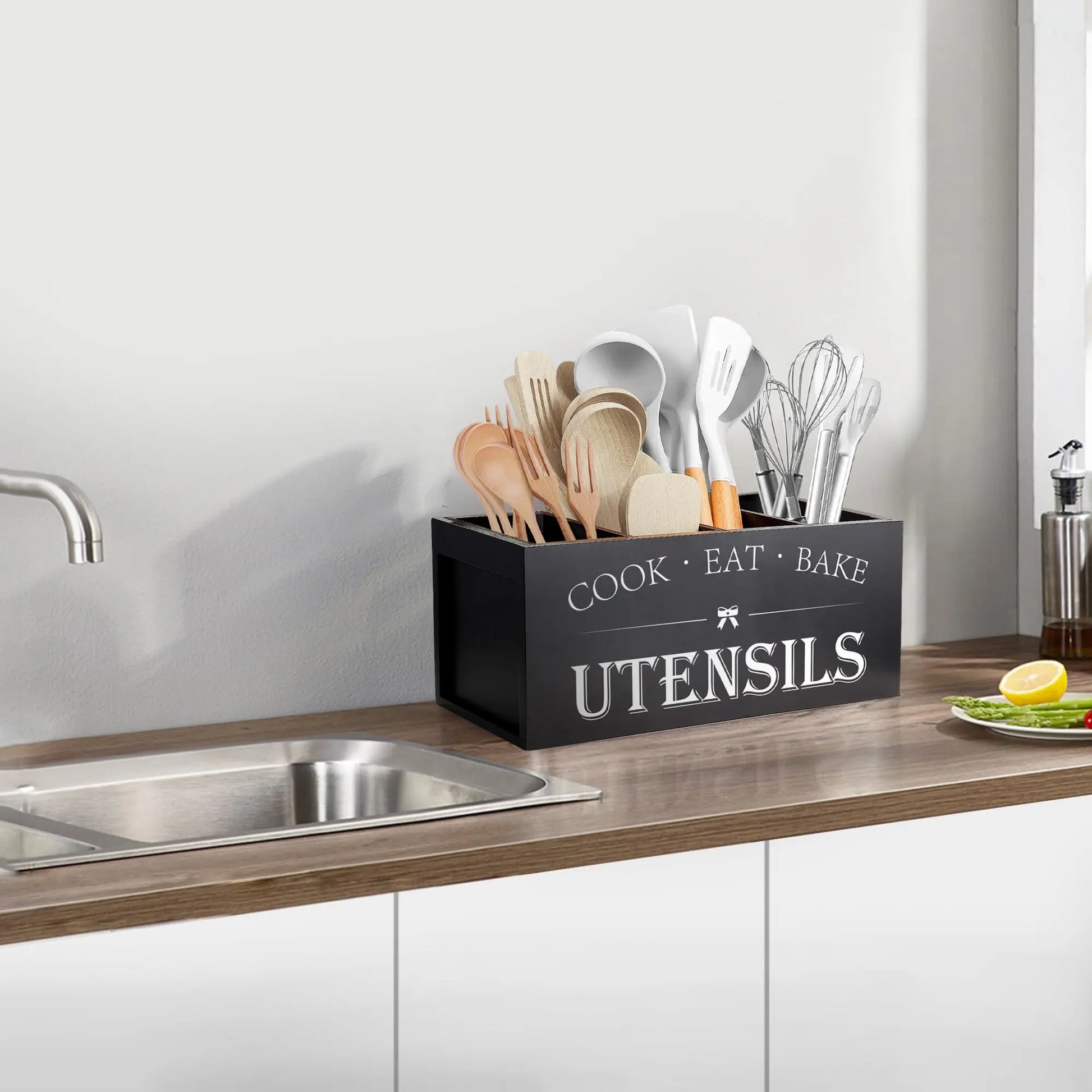 Wooden Kitchen Utensil Storage Box - 1 Count Organizer for Cooking Tools and Accessories